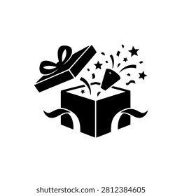 Surprise gift box opening with exploding confetti, stars, and party popper. Celebrating festive joy and special occasions. Wrapped with ribbon for holiday present reveal. Graphic illustration perfect for announcements, celebrations, and promotions.