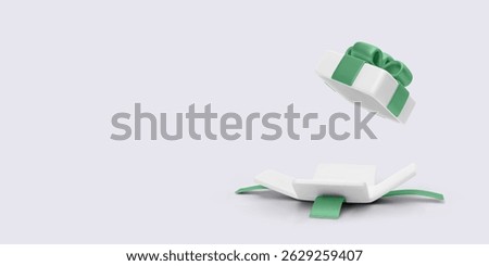 Surprise Gift Box Opening with Green Ribbon and Floating Lid in Minimal 3D Style, Perfect for Celebration, Birthday, or Holiday Concept. Vector Illustration