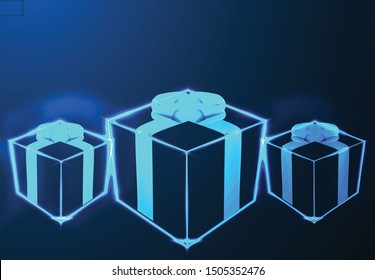 Surprise gift box, Polygonal wire frame mesh looks like constellation on dark blue night sky with dots and stars, illustration and background