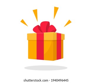 Surprise gift box. Gift box with red ribbon bow. Flat style. Element design for giveaway, surprise, holiday. Vector illustration.