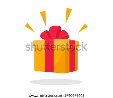 Surprise gift box. Gift box with red ribbon bow. Flat style. Element design for giveaway, surprise, holiday. Vector illustration.