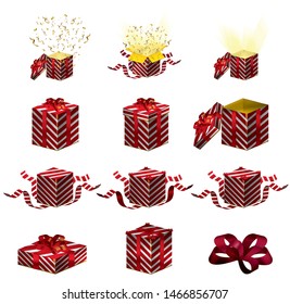 Surprise gift box set isolated on white background . Dark red striped carton box set. Golden confetti explosion and magic light comming from Inside. Closed and open box. Vector Illustration