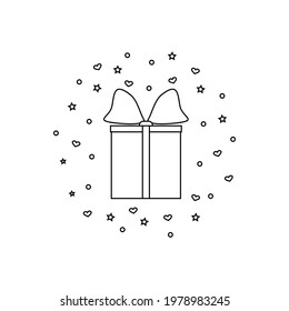 Surprise gift box with stars and hearts. Design template. Line and outline vector icon, flat illustration. Drawing on white background.