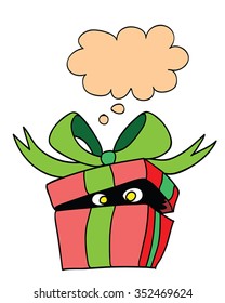 Surprise gift box - vector illustration of red present box with hidden creature inside it and think bubble as frame for text. Retro cartoon surprise present box, cute and funny. Comic book art.