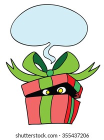Surprise gift box - vector illustration of red new year box with hidden creature looking inside, talk bubble as frame. Retro cartoon gift box character, cute and funny, decorated green ribbon.