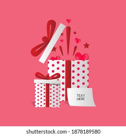 Cajas de regalo sorpresa con plantilla de diseño de tarjeta en fondo rosa