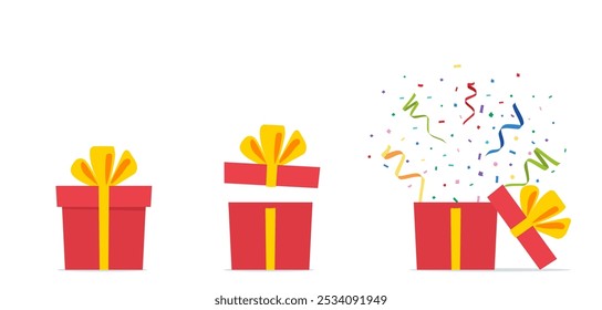 Cajas de regalo sorpresa. Caja de regalo abierta con confeti. Cajas de regalo. Diseño de Plantilla para evento de celebración de cumpleaños, regalos, Navidades. Ilustración vectorial en estilo plano