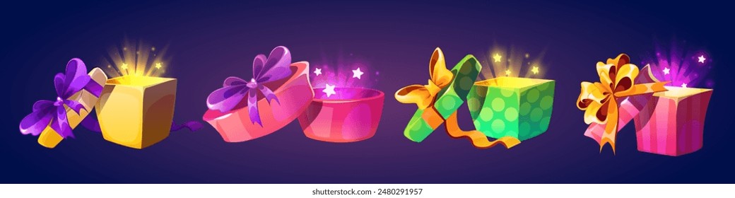 Surprise gift boxes set isolated on background. Vector cartoon illustration of open present packages wrapped in color paper, decorated with ribbon bows, light and stars shining inside, holiday giftbox