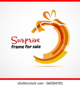 Surprise gift card with red ribbon and satin bow. Vector illustration. Circle and bow