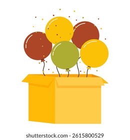 Surprise gift cardboard box with flying up balloons. Festive paper case present for party, birthday, celebration holiday. Flat color keepsake package vector illustration
