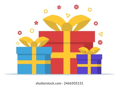 concepto de regalo sorpresa, concepto de idea de regalo, caja de regalo. Caja misteriosa, regalo secreto con sorpresa. Caja envuelta para el boxeo, Ilustración vectorial plana aislada en el fondo.