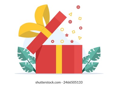 surprise gift concept, gift idea concept, gift box. Mystery box, secret gift with surprise. Wrapped box for Boxing, flat vector illustration isolated on background.