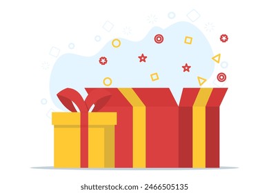 surprise gift concept, gift idea concept, gift box. Mystery box, secret gift with surprise. Wrapped box for Boxing, flat vector illustration isolated on background.