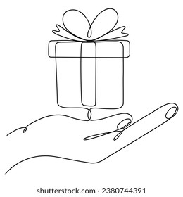Surprise gift in hand continuous line drawn. Birthday linear symbol. Vector illustration isolated on white.