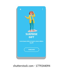 Surprise Gift Happy Shocked Emotion Woman Vector. Birthday Or Mother Day Surprise Gift Happiness Expression Young Girl. Character Lady Positive Reaction Web Flat Cartoon Illustration