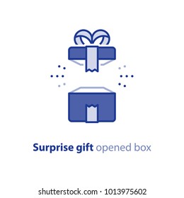 Surprise gift icon, opened blue box with ribbon, best present, super prize concept, special event celebration, receiving birthday gift, vector flat design illustration