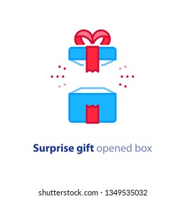 Überraschungsgeschenksymbol, blau geöffnete Schachtel mit rotem Band, bestes Geschenk, super Preiskonzept, besondere Feierlichkeiten, Geburtstagsgeschenk, Vektorgrafik-Flachdesign