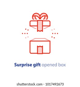Surprise gift icon, opened red box with ribbon, best present, super prize concept, special event celebration, receiving birthday gift, vector flat design illustration