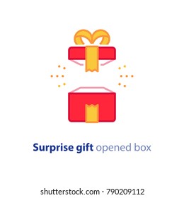 Surprise gift icon, opened red box with yellow ribbon, best present, super prize concept, special event celebration, receiving birthday gift, vector flat design illustration
