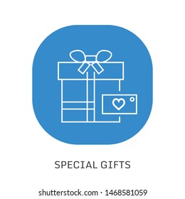 Surprise gift icon, opened white box with ribbon, best present, super prize concept, special event celebration, receiving birthday gift, vector flat design illustration