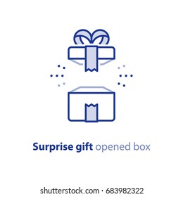 Surprise gift icon, opened white box with ribbon, best present, super prize concept, special event celebration, receiving birthday gift, vector flat design illustration