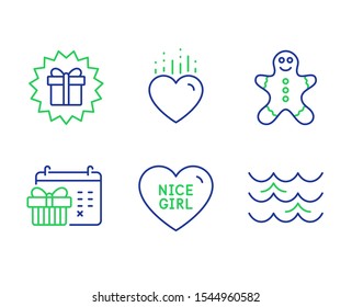 Surprise gift, Nice girl and Gingerbread man line icons set. Heart, Christmas calendar and Waves signs. Shopping offer, Love heart, Christmas cookie. Love. Holidays set. Vector