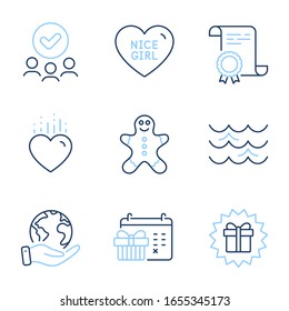 Surprise gift, Nice girl and Gingerbread man line icons set. Diploma certificate, save planet, group of people. Heart, Christmas calendar and Waves signs. Vector