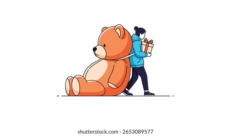 Presente Surpresa Apresentação para um Urso de Pelúcia Gigante com uma Pessoa Amigável Segurando um Presente atrás de suas costas Pronto para Celebrar uma Ocasião Especial