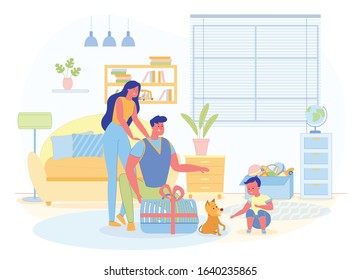 Surprise Gift Son First Pet Vector Illustration. Parents gave their Son Dog. They Brought her in Special Carrier Tied with Bow. Boy Meets Puppy in his Room, in which there lot Toys and Books.