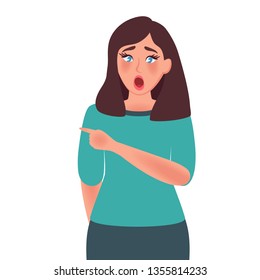 Surprise. Girl surprised points to something. An unexpected and shocking event. Vector illustration of emotion