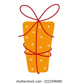 Surprise golden gift box vector icon. Present for Christmas, holidays. The package is decorated with snowflakes and tied with a red ribbon. Flat clipart isolated on white. Illustration for cards, logo