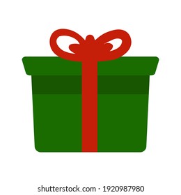 Sorpresa caja verde con arco rojo. Delight presente. Diseño plano. Vector