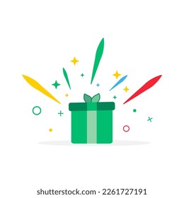 surprise green gift box, birthday celebration, special give away package, loyalty program reward, wonder gift with exclamation mark, vector icon, flat illustration