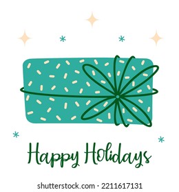 Surprise green gift box vector icon. Present for Christmas, birthday, holidays. Speckled packaging tied with ribbon, bow. Flat cartoon clipart isolated on white. Illustration for cards, print, logo