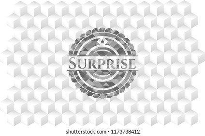 Surprise grey emblem. Retro with geometric cube white background
