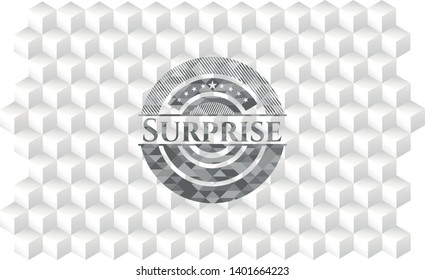 Surprise grey emblem. Vintage with geometric cube white background