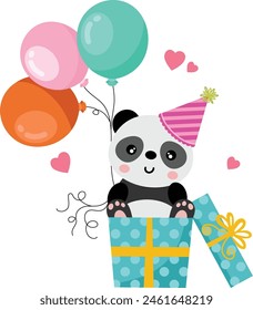 Surprise happy birthday box gift with panda holding balloons