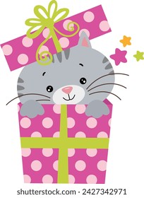 Surprise happy birthday with cute cat coming out of a gift box
