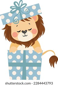 Surprise happy birthday with cute lion coming out of a gift box
