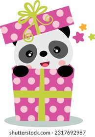 Surprise happy birthday with cute panda coming out of a gift box