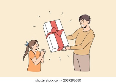 Surprise and holiday present concept. Smiling young man father standing and giving huge present box with ribbon for his surprised daughter vector illustration 