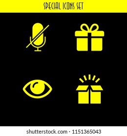 surprise icon. 4 surprise set with box, gift, mute and eye open vector icons for web and mobile app