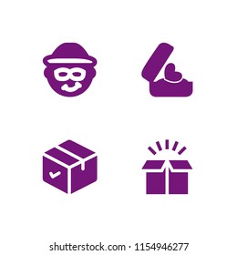 surprise icon. 4 surprise set with box, emoticon and romantic gift of a heart ring in a box vector icons for web and mobile app