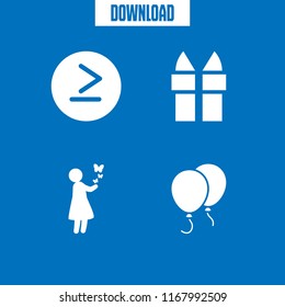 surprise icon. 4 surprise vector set. gift, balloons, girl with butterflies and is greater than or equal to icons for web and design about surprise theme