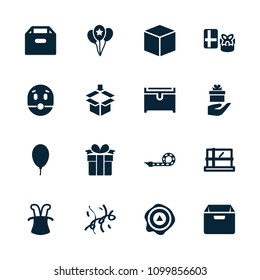 Surprise icon. collection of 16 surprise filled icons such as parcel, chest, box, magic hat, gift, arrow up, balloon, party pipe. editable surprise icons for web and mobile.