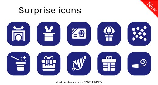  surprise icon set. 10 filled surprise icons. Simple modern icons about  - Trick, Magician, Gift card, Gift, Confetti, Party hat, Party whistle