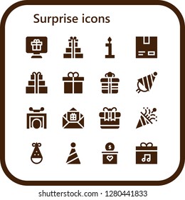  surprise icon set. 16 filled surprise icons. Simple modern icons about  - Gift, Gifts, Birthday, Cardboard, Present, Party hat, Trick, Confetti