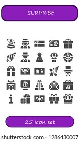  surprise icon set. 25 filled surprise icons. Simple modern icons about  - Party hat, Magician, Gift card, Present, Gift, Confetti, Trick, Gifts, Birthday, Presents
