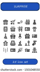 surprise icon set. 25 filled surprise icons.  Collection Of - Gift, Confetti, Party whistle, Party hat, Gift card, Birthday, Magic trick, Christmas sock, Magician