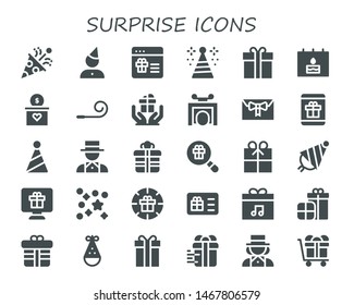 surprise icon set. 30 filled surprise icons.  Collection Of - Confetti, Birthday, Gift, Party hat, Gift box, Party blower, Trick, Magician, Gift card, Present, Presents